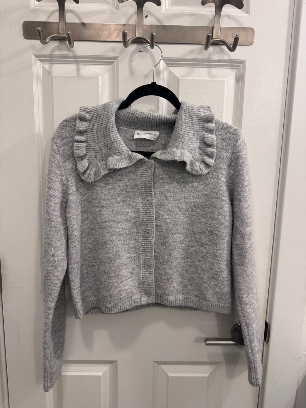 Self-Portrait Light Grey Ruffled Collar Button Cardigan